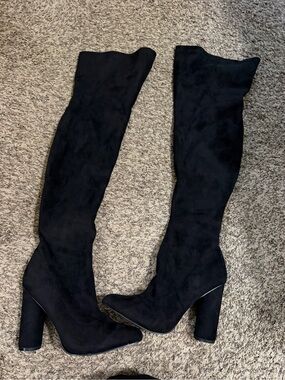 Black Over-the-Knee Block Heel Boots - Women's